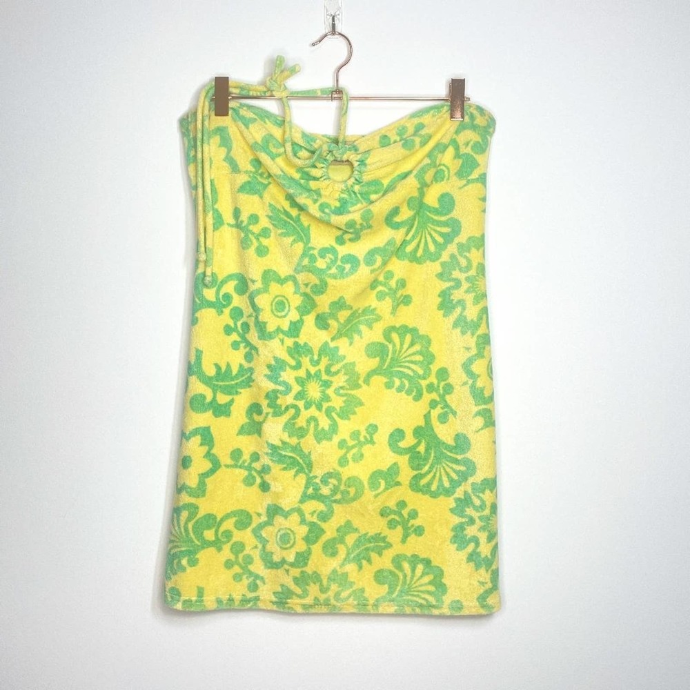 Juicy Couture Vintage Y2K Green Yellow Retro Floral Halter Terry Cloth Coverup M